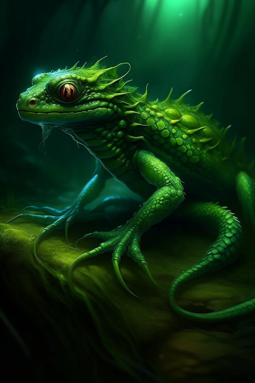 A need green color with slimy, scaly skin. It will have large, bulging eyes that glow long, tentacle-like appendages that it .sturdy, yet flexible body,sharp claws on its wings and feet,long, slender tail