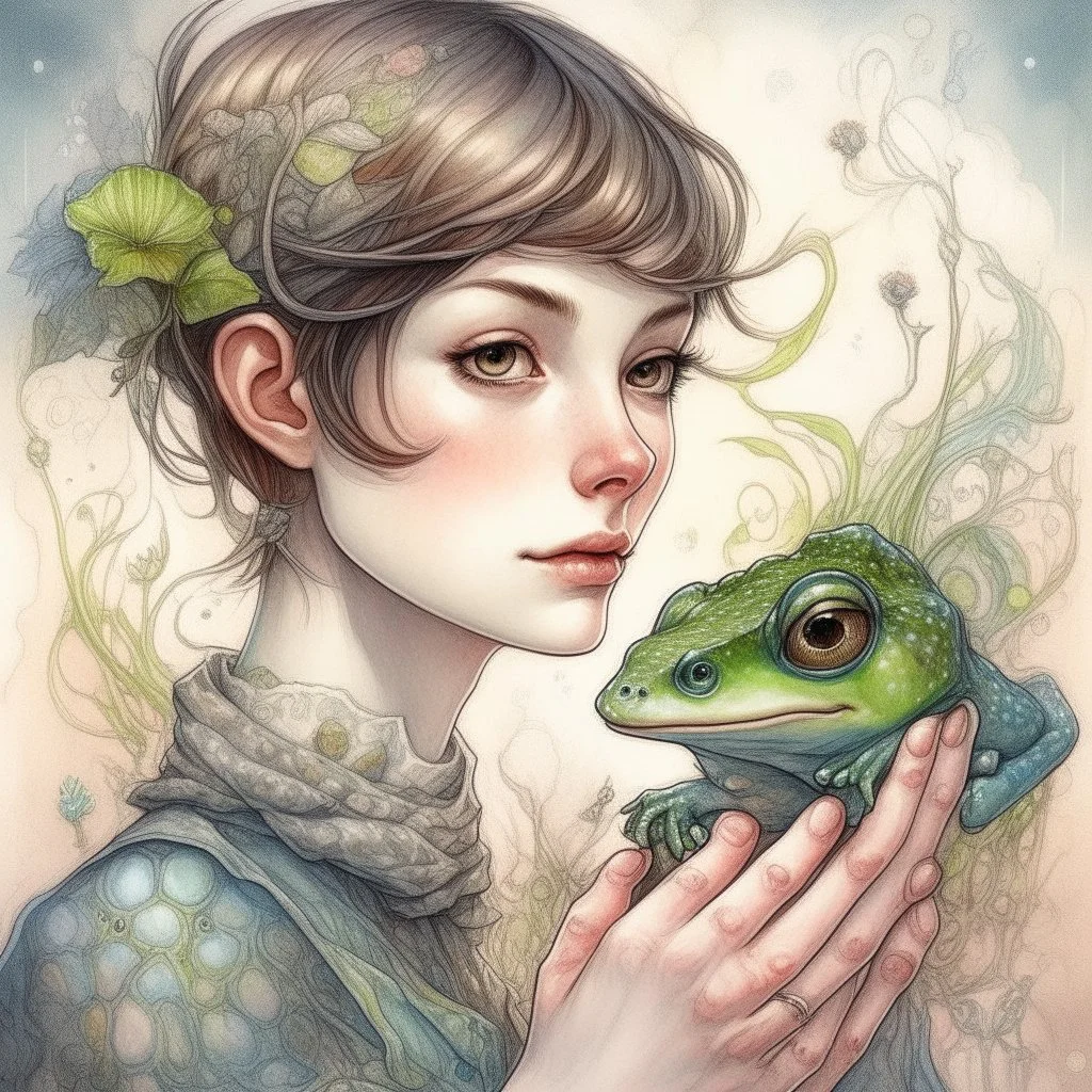 Whimsical and realistic ink, charcoal, markers, and oil painting, Impressionist style, realistic textures, minimalist approach, portrait of a young woman with a pixie cut hairstyle, holding a frog, ith delicate highlights, soft and dreamy background, pastel shades, fantastical ambiance, detailed and intricate linework, fine art quality, intricate patterns, enchanting atmosphere, ethereal lighting, by a blend of Van Gogh and Mary Cassatt, Artstation. Modifiers: bokeh Nikon D850 highly detailed di