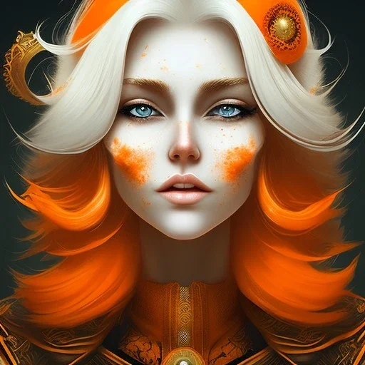 fantasy setting, woman, orange and white hair, wavy hair, freckles, ranger, more orange hair, more white hair,