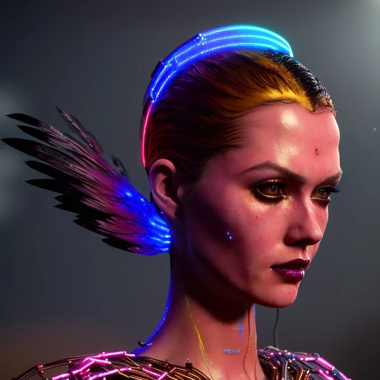 pretty cyber woman, latex, cables, futuristic, blood, black, gold, brown, decorative color feathers, simétrico, circuits, neon style, a lot of led lights, fog, rain, vibrant color, highly detailed, art stations, concept art, smooth, unreal engine 5, god rays, ray tracing, RTX, lumen lighting, ultra detail, volumetric lighting, 3d, finely drawn, high definition, high resolution.