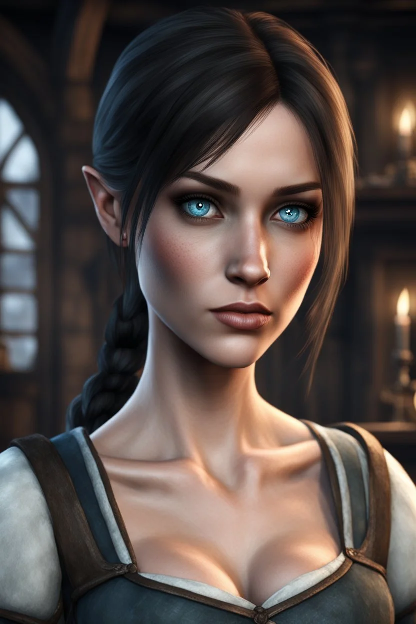 A female breton barmaid from Skyrim with light blue eyes, brunette, melancholic, wholesome, sad