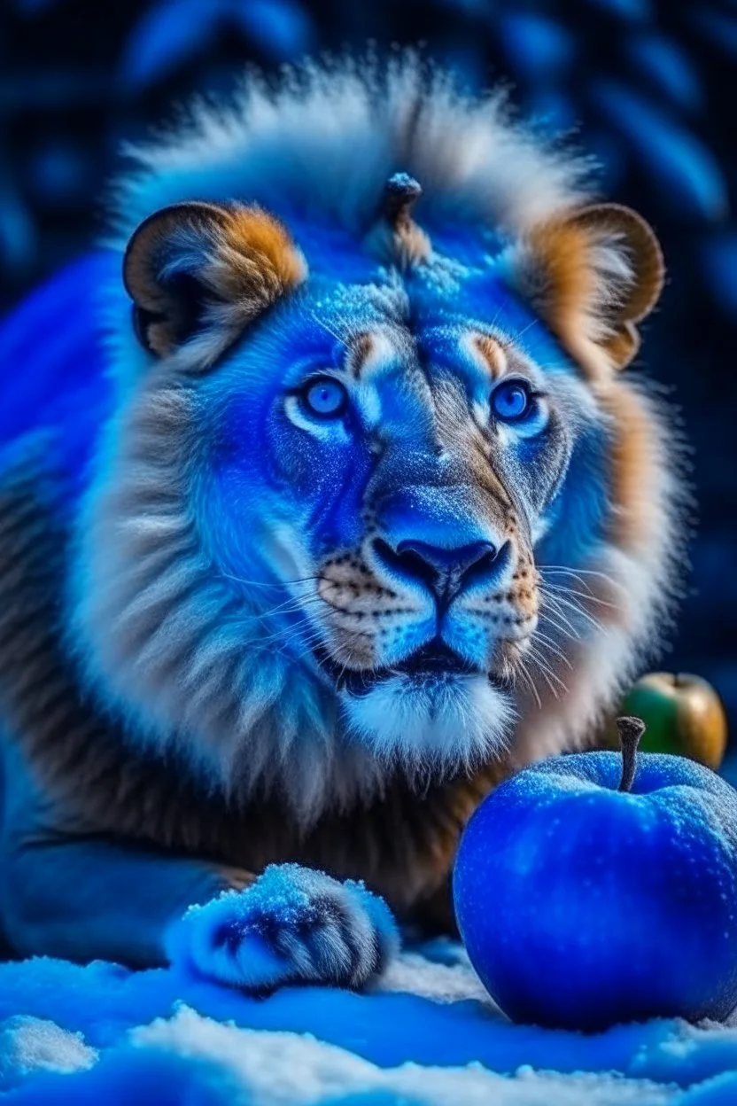 lion eat apple with snow and blue mood