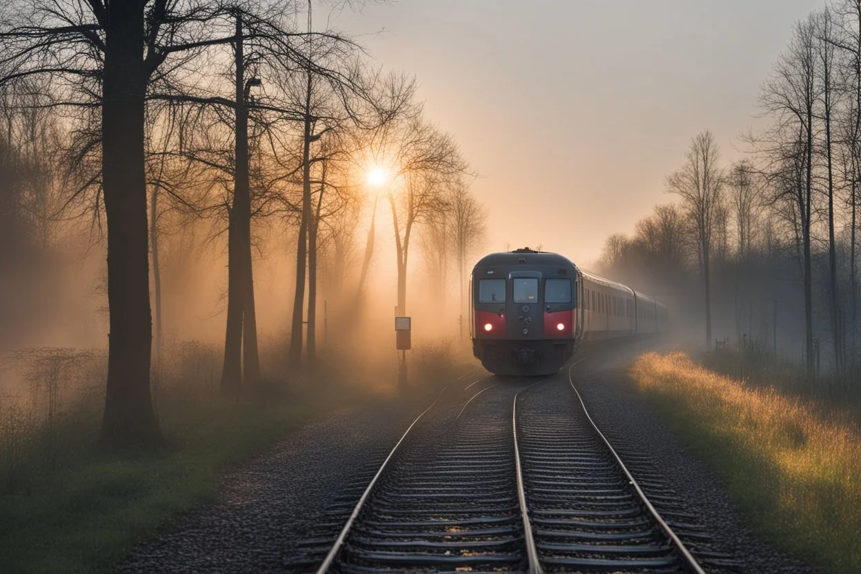 a passenger train emergency braking; polish train; woodlands, sunrise;