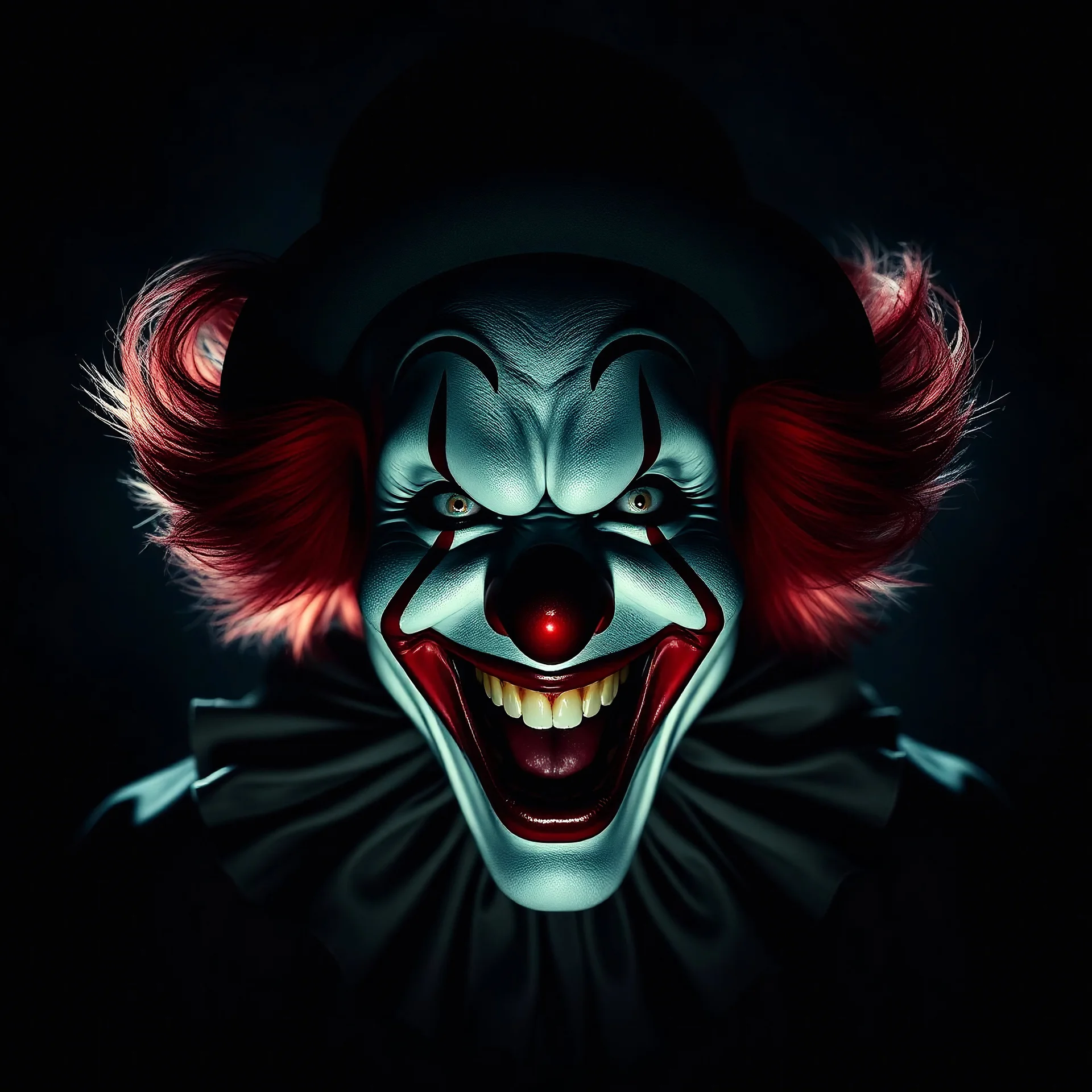 creepy clown angry laughing, dark theme, soothing tones, high contrast