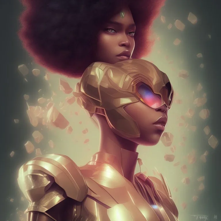 black super hero girl, green eyes, afro | very very anime!!!, fine - face, beyonce, red afro, realistic shaded perfect face, fine details. anime. realistic shaded lighting poster by ilya kuvshinov katsuhiro otomo ghost - in - the - shell, magali villeneuve, artgerm, jeremy lipkin and michael garmash and rob rey