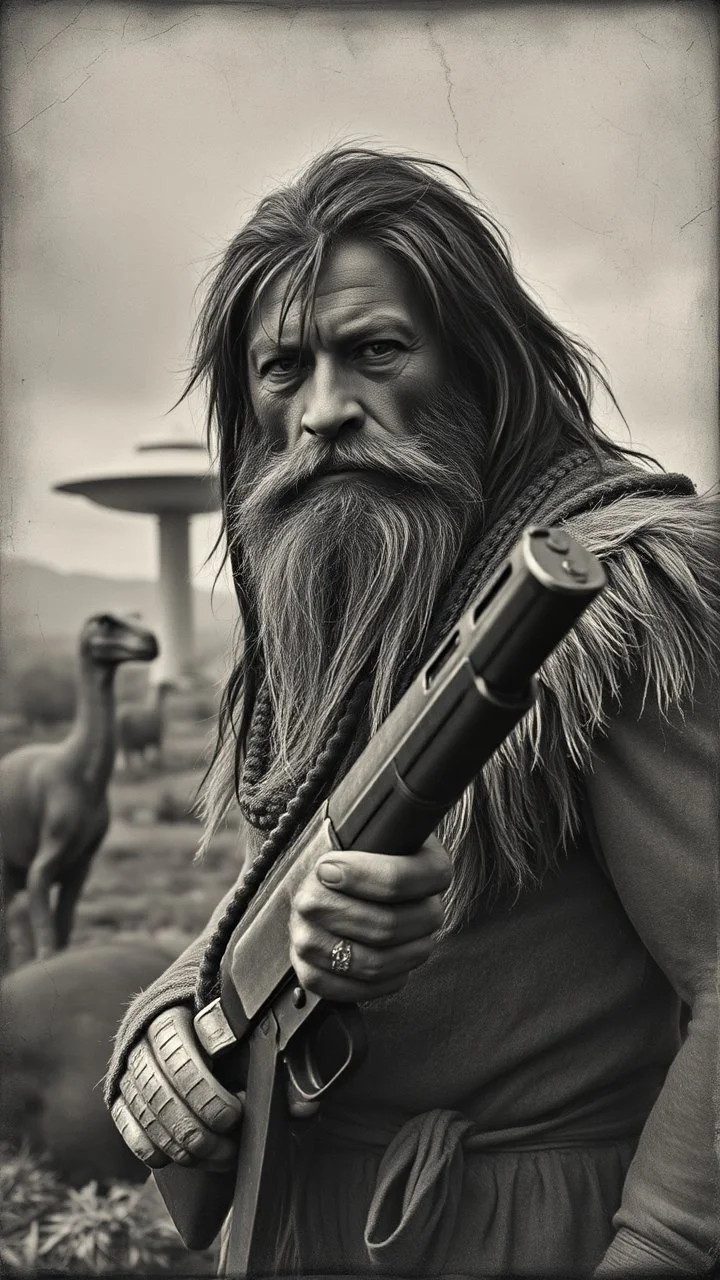 An old picture style of black and white mono very bad quality looks very old camera picture with cracks of a Neanderthal man with long dirty hair and beard wearing an animal skin cloths holding a gun the year 1900 Time Machine in the background from a distance dinosaurs and a landed ufo machine