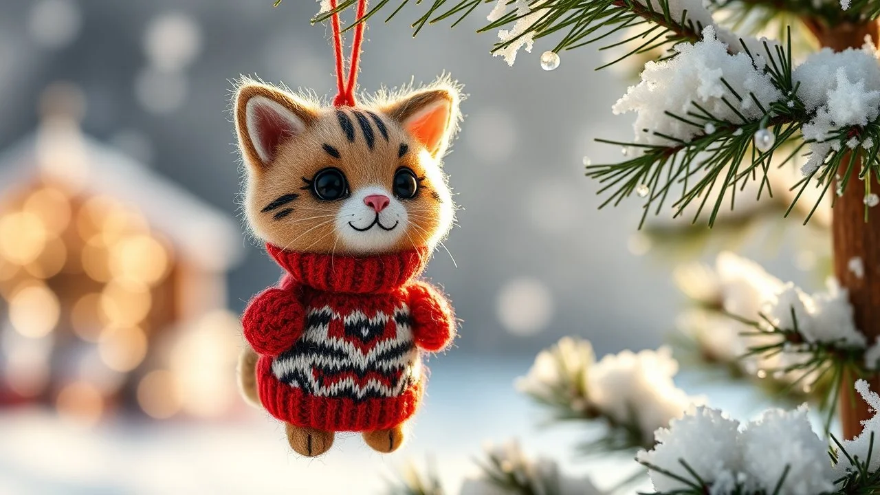 cute chibi mohair needle felt cat shaped hanging Xmas tree ornament wearing red knitted pullover with zebra pattern in sunshine, snowcapped xmas tree