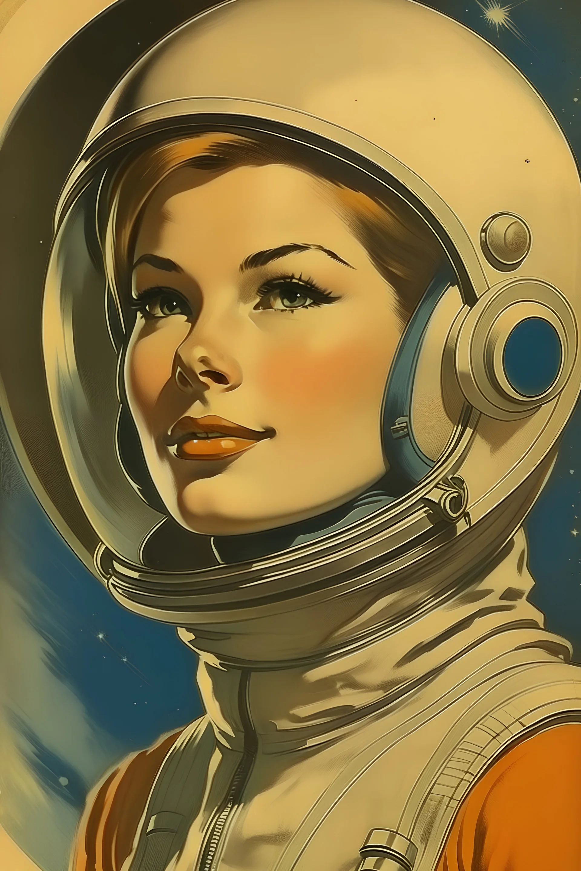 1960's vintage retro sci-fi poster, beautiful female Russian cosmonaut, muted colors