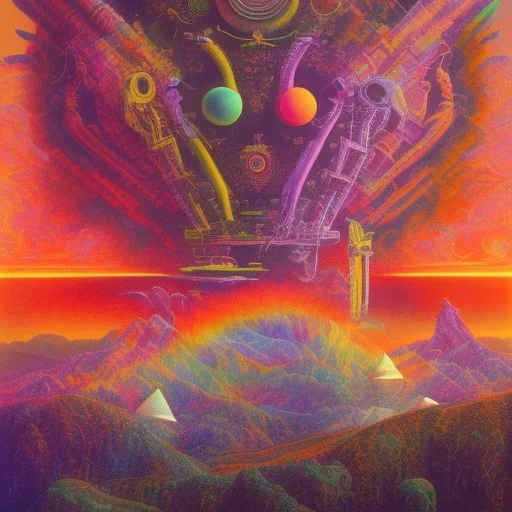 poster, crazy, realistic, psychedelics , band, art, music, digital art, pink floyd, rock band,another planet, universe, rainbow, warm lighting, 80's