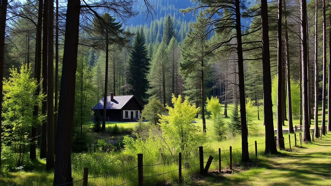A wooded landscape taking place in Europe during summer. There is a building and a fence.