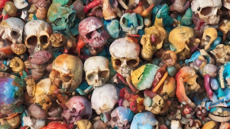 a picture of a dark, comedic, anatomically correct wall of colorful tightly packed skulls of varying sizes and expressions, photo realistic, insanely meticulous, highly detailed, part of a collection of bones on display, 64k, dystopian, vray