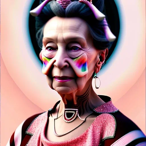 Retrato de una abuela muy guapa llamada Carmen Mozos Bugallo montando un unicornio rosa con el estilo de Diego Velázquez