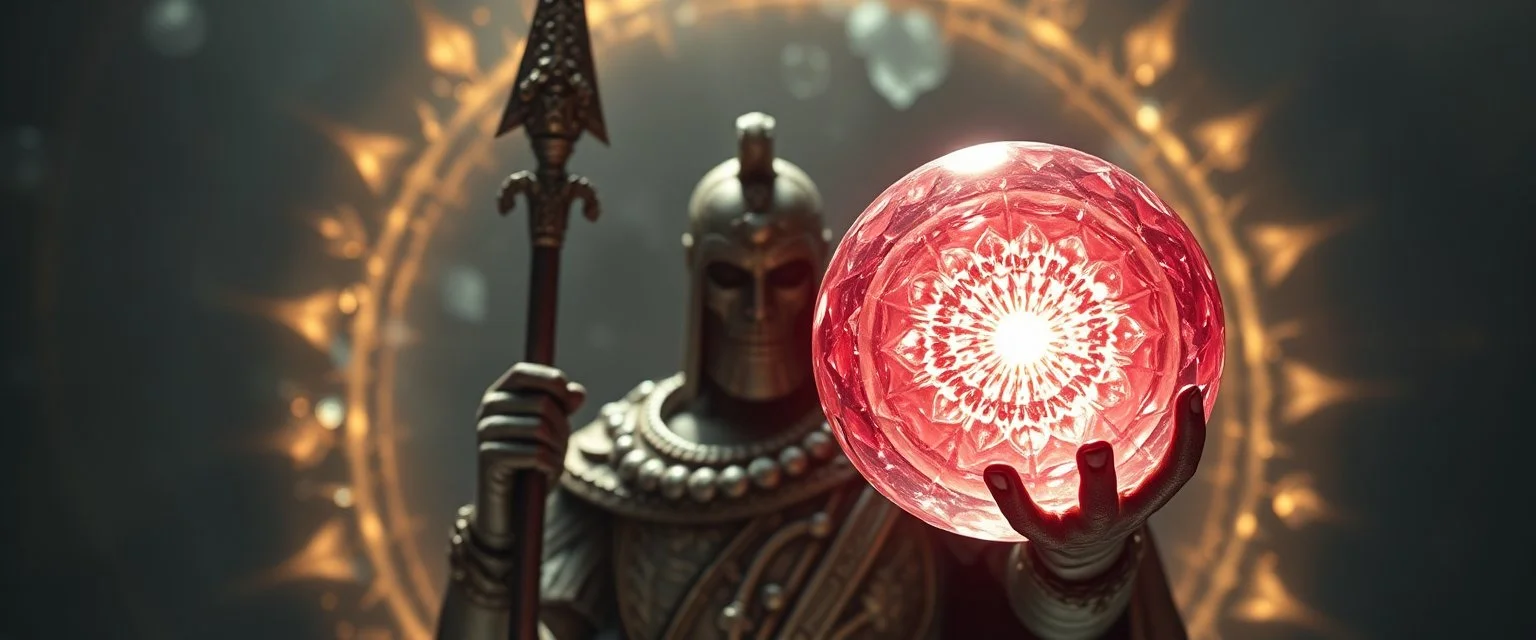 somewhat ancient nephilim soldier holding up a radiant Painite spear seen through sears crystal rosette ball