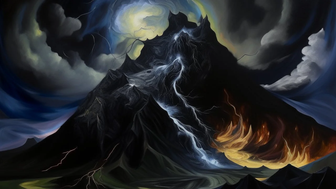 Una criatura de nubes vivientes y relámpagos internos flota sobre una cadena montañosa de obsidiana durante una tormenta eléctrica de plasma, su sombra proyecta mapas de constelaciones en el suelo, estilo de pintura expresionista con pinceladas agitadas y contrastes violentos, inspirado en la intensidad emocional de Edvard Munch y la escala cósmica de Thomas Cole.