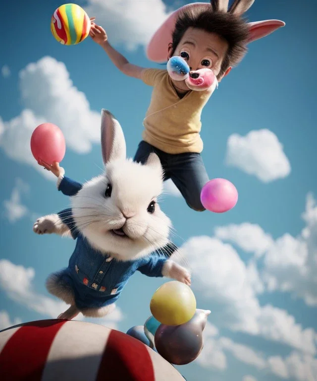 Ultra realistic speed clouds sky scene, wide angle view, child falling down with many Childs background, rabbit head, inflatable monsters, circus dress style, feather color, free jumping flying, many trinkets, hair monster, many jelly beans, balls, color smoke, smile, happy, extreme, wind, clouds sea, 20,000 feet altitude, stratosphere, soft color, highly detailed, unreal engine 5, ray tracing, RTX, lumen lighting, ultra detail, volumetric lighting, 3d, finely drawn, high definition.