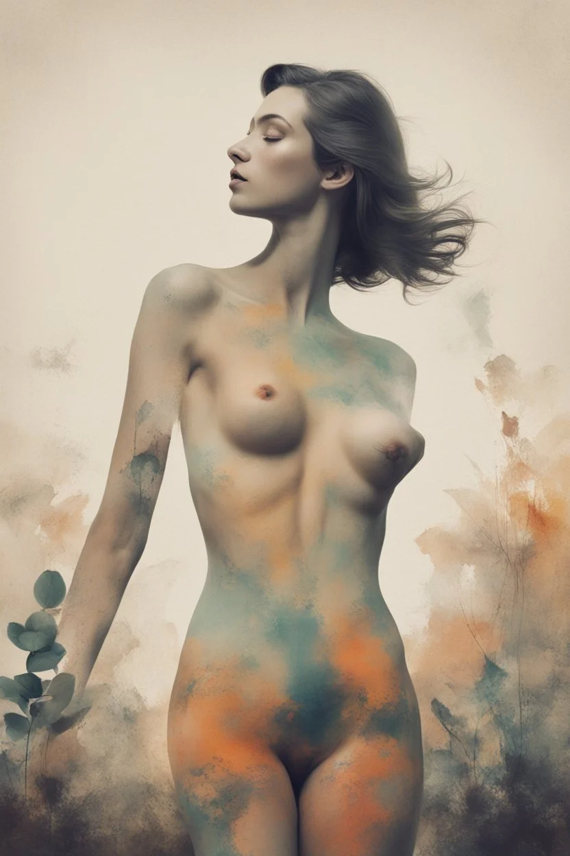 A minimalist, with a vintage twist, featuring a sleek and stylized unclad woman body silhouette against a faded, women body is painting about nature, awosome, bright.