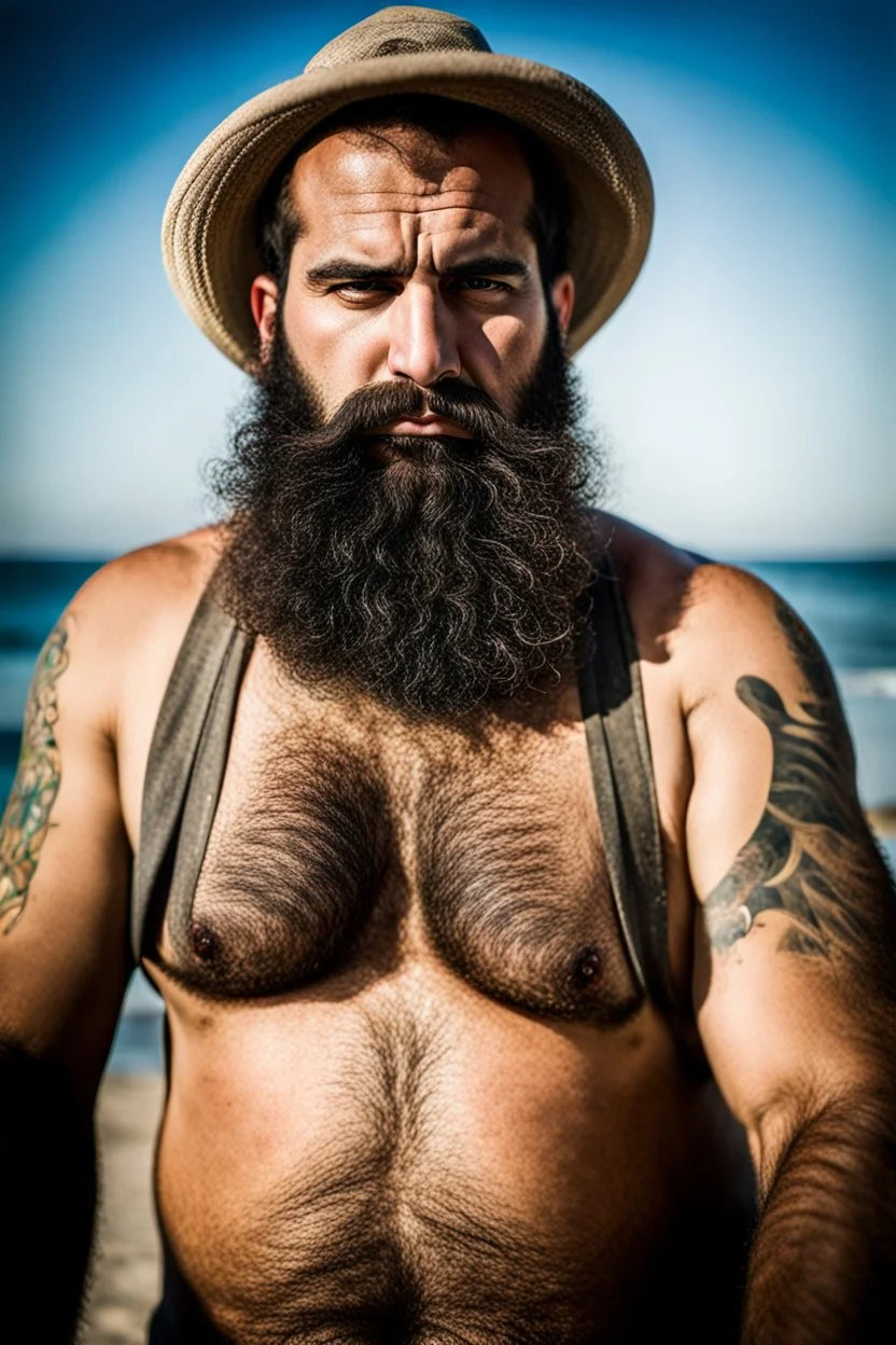 photography of a tired chubby hairy burly 35 years old ugly arab carpenter, big nose, tattoo, long beard, shaved hair, manly chest, angry eyes, open legs , on the beach in the sun, big shoulders, big tights, side light, ground view angle,bartoslora1 man