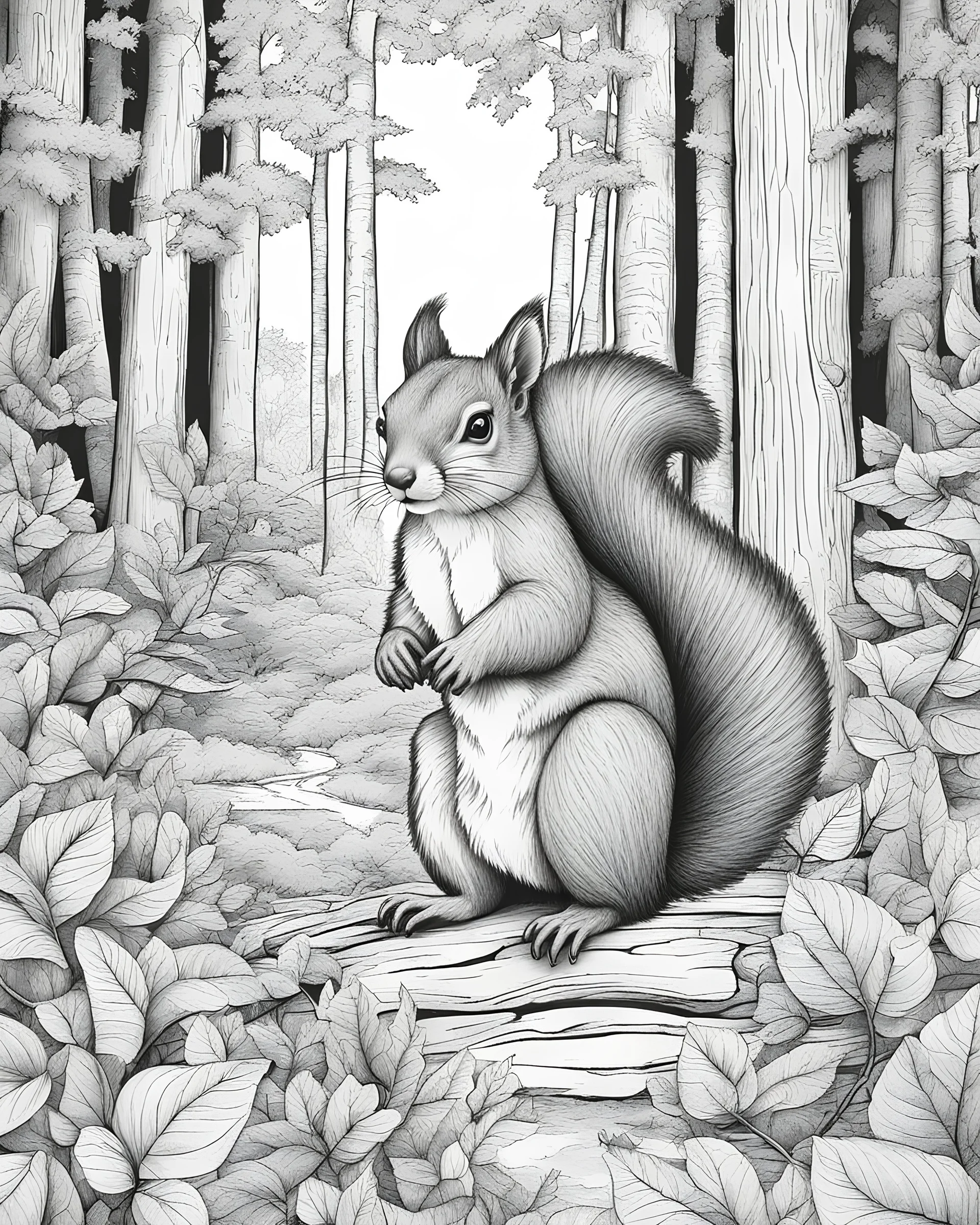 A captivating coloring book scene featuring an squirrel in the forest