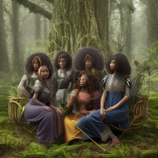 Octane render. Ultra realistic photo .a group of women.five young black women sitting around a fire. Black Sisters. Sitting and Standing together. the face of A young black woman. A wood nymph emerging from the forest. Her hair looks like vines. Dreadlocs. Her skin is the colour of dark soil. Her skin looks like tree bark. Her clothing is made of vines, grass and leaves.