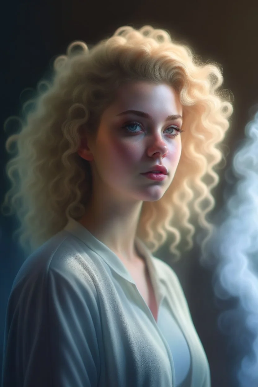 ghost smoke background, a cute curly blonde female chat robot that stares at us like we are the prettiest demons she has ever seen, its such a perfect day, motion blur, smoke, 8k, downlight, soft light, depth of field, photorealism, trending on art station, lotsa detail