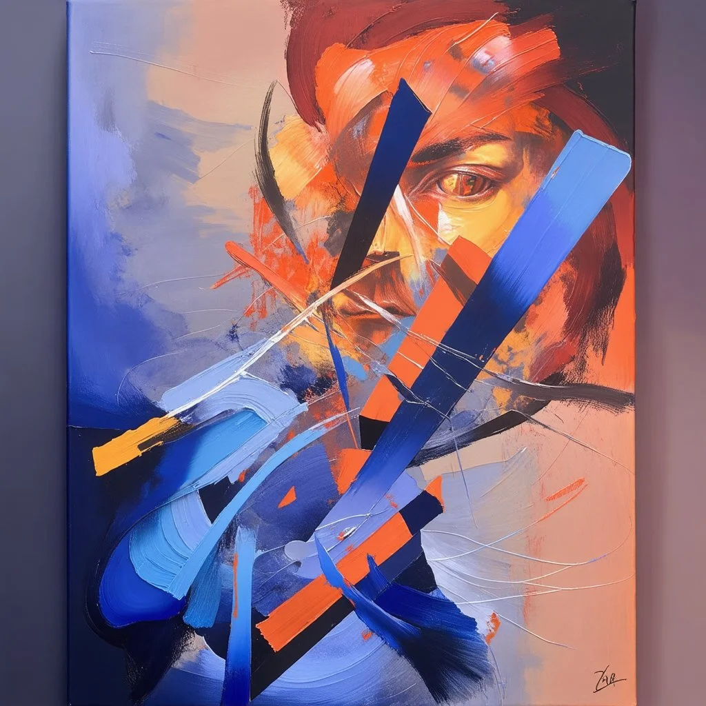 A painting consisting of abstract shapes in three different colors. Brush Strokes. Sloppy, non-realistic. 3 dimensional. Depth. three dimensional