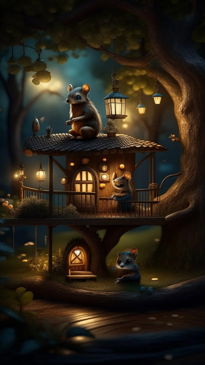 magazine cover with black border, adjust hue for evening, portrait of sleepy dog bug squirrel couple in a tree house in wonderful enchanted magical forest by river,bokeh like f/0.8, tilt-shift lens 8k, high detail, smooth render, down-light, unreal engine, prize winning