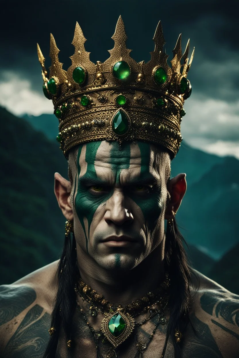 portrait of an orc king with pale skin. Tribal Tattoos Dark hair and green eyes. His look is sad. Half of his head is shaved. wearing jewellery and a golden crown. High resolution. 4K. 8K. Dark Fantasy style. Mountains in the background