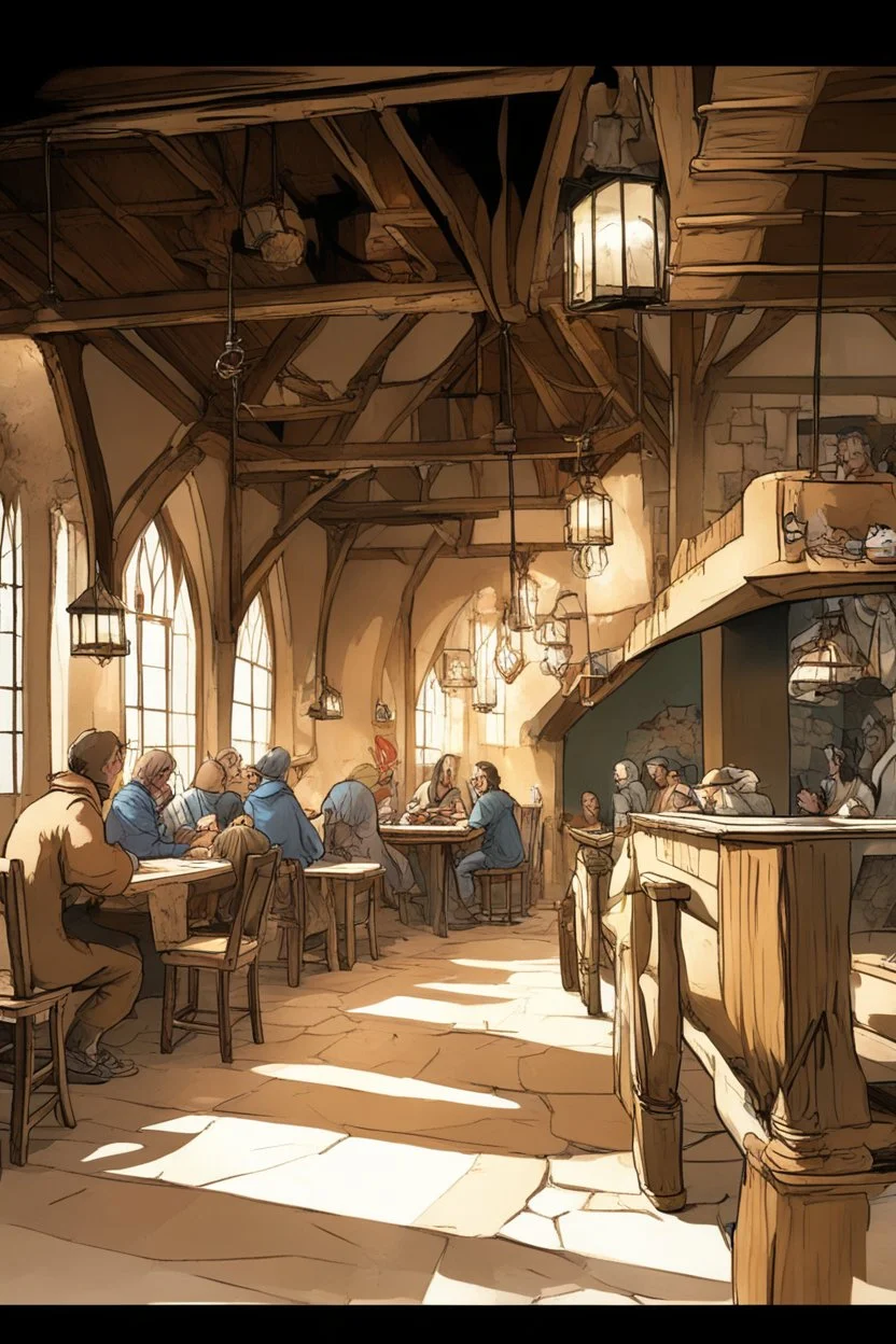 Lots of People sitting around tables in a medieval tavern with a stone floor, add people to the chairs