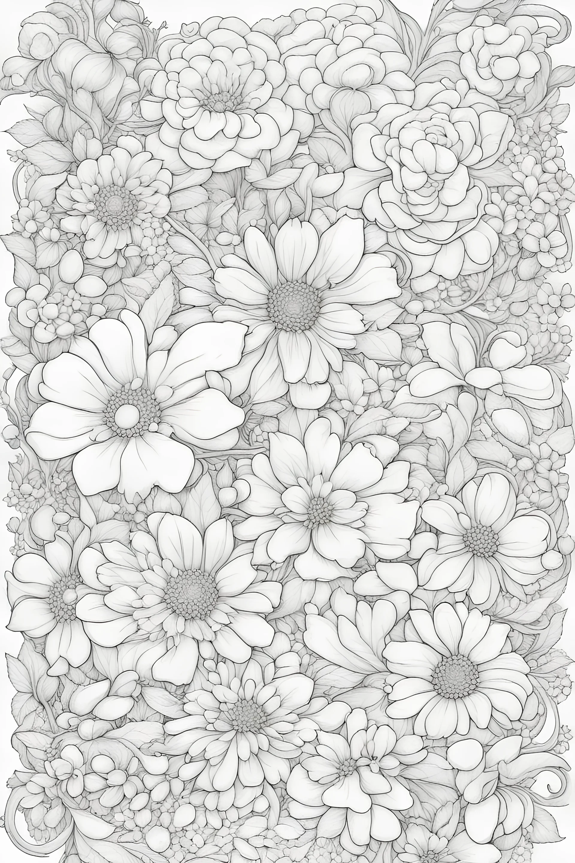 black and white wide beautiful cute floral frame for coloring pages, use a lot of big flowers, go all the way to the edges but leave a lot of space in the middle of the page, use only black and white, clear crisp outlines, no black background, go all the way to the outer edges of the page, use more space in the center of the page