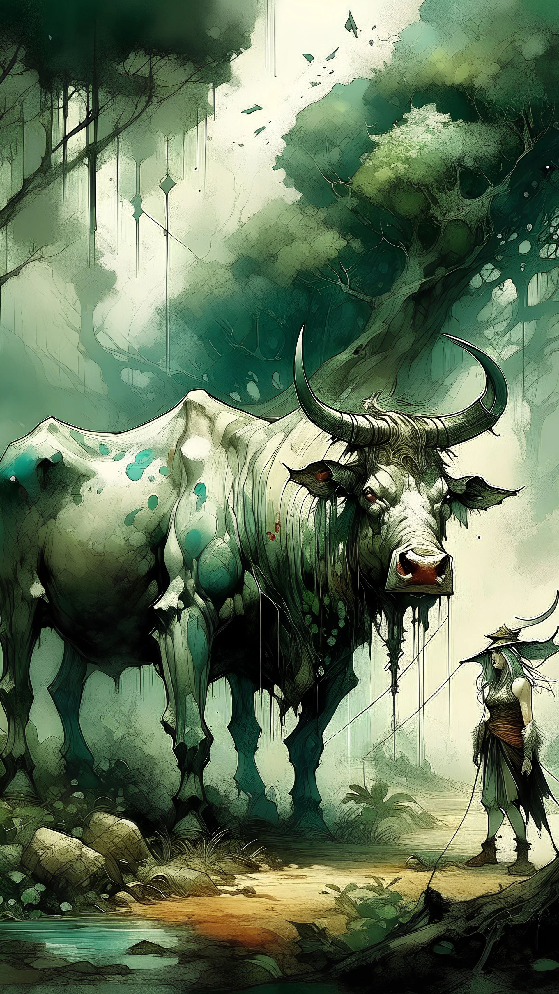 A bull or a horse with a wooden totem with spikes on it, in the middle of the forest. Opposite is a tree with a green-skinned man on it., by Ryohei Hase, Agnes Cecile, Raymond Swanland, Anne Bachelier