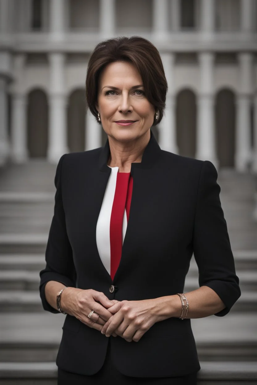 Powerful classical portrait of a modern brunette politician in her late 40s wearing a dark top a little zoomed out
