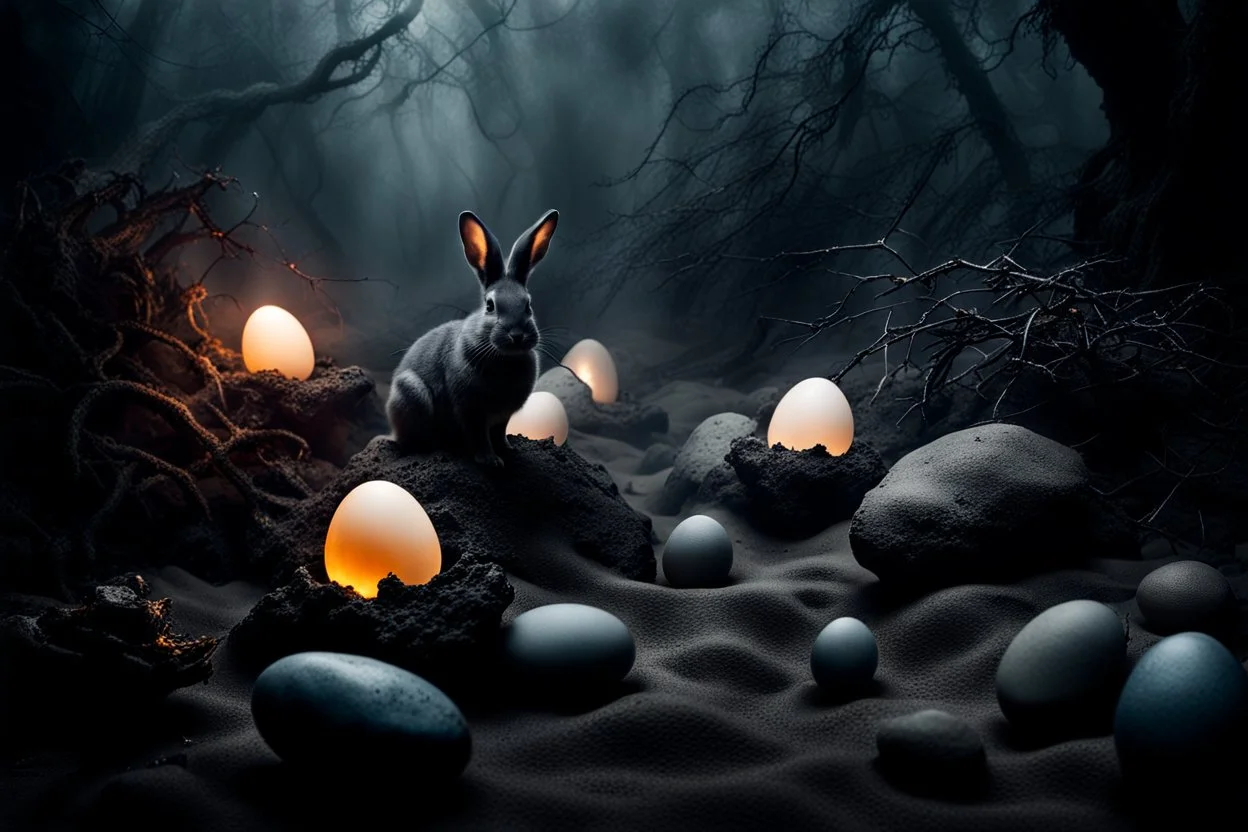 dark fantasy land with mystic, fog, deep cloros, burning landscape with mist, dark fantasy plants, silver and onix crystal eggs lying in sand, pale lights, rocks, weird surreal big dark rabbit-bird mutants, dark fantasy mood, sureal, high quality, high contrast, cinematic, atmospheric, weird mood