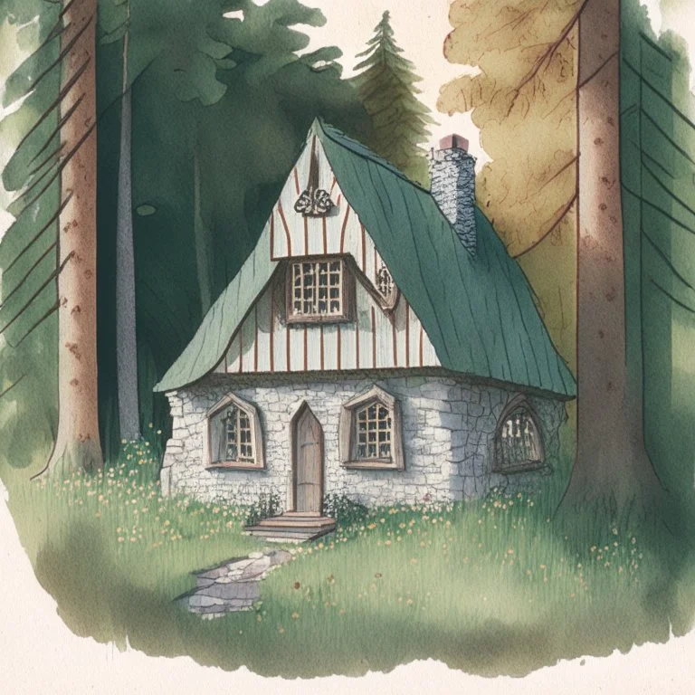 A color architecture drawing of a cottage in the woods