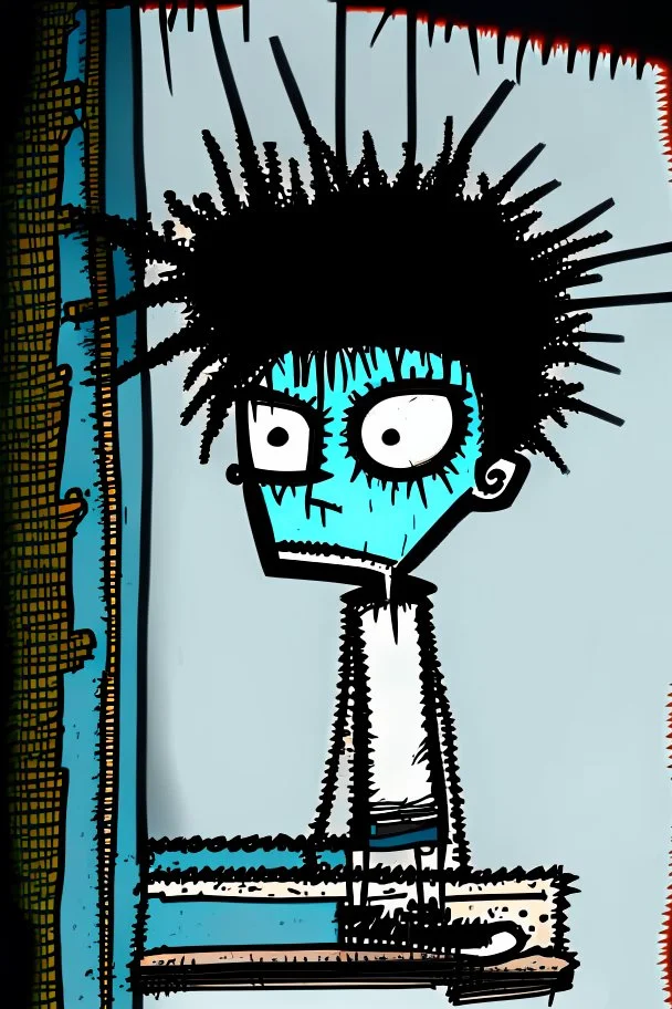 2d drawing of a stickman, cool with punk hair, x eyes like in hangman, driving a porch, 3d realistic in colour