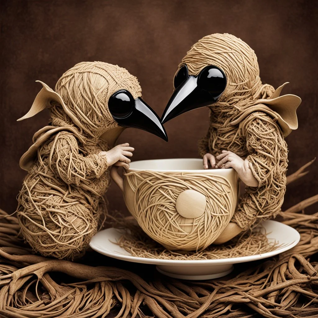 Close-up of Plague Doctor beak-masked babies snuggling in surreal natural root-woven teacup, yin-yang, by Anne Geddes and Tim Burton, mind-bending realism, weirdcore, adorably strange, natural lighting