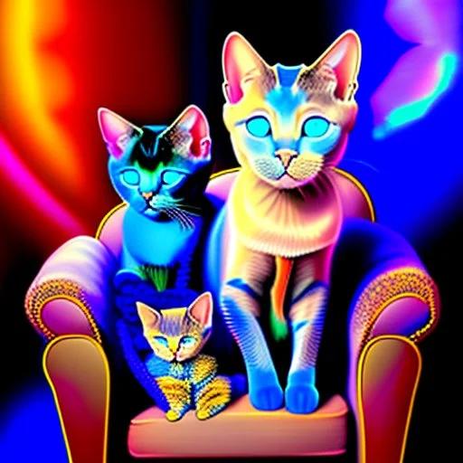 A cat with blue eyes is sitting on an armchair and next to her are three sweet and beautiful kittens against a black background and they are all looking at the camera, computer graphics by Louis Wayne, Behans, psychedelic art, quantum wave racing, psychedelic, mystical