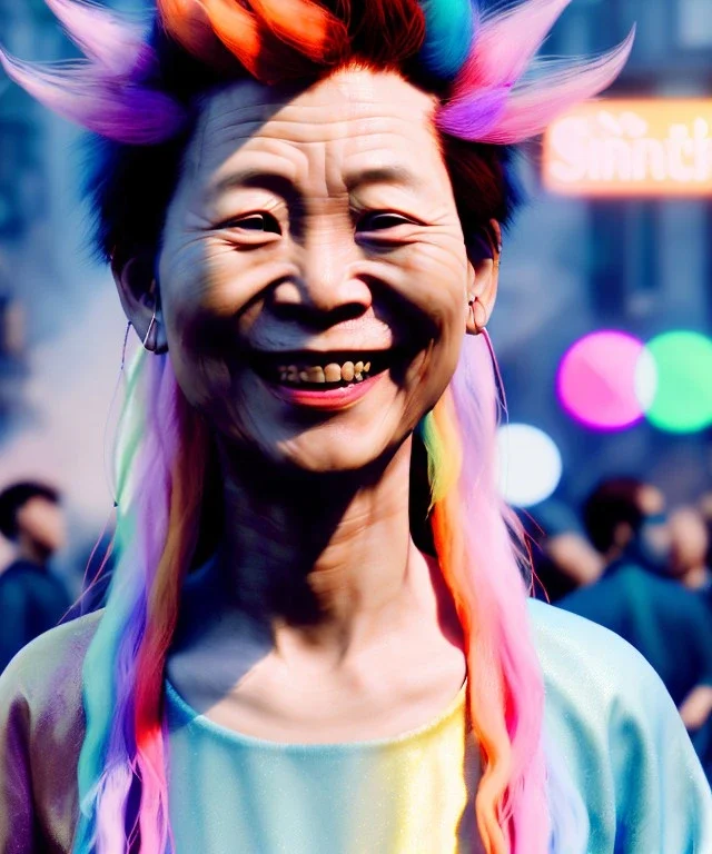 Ultra Realistic photo, medium shot view, drunken sweet dancer old Asian woman, carnival scene, monster hair, steampunk style. Red hair, confeti, smile, happy, festival, ovnis, gradient color fog. highly detailed, concept art, unreal engine 5, ray tracing, RTX, lumen lighting, ultra detail, volumetric lighting, 3d, finely drawn, high definition, high resolution.