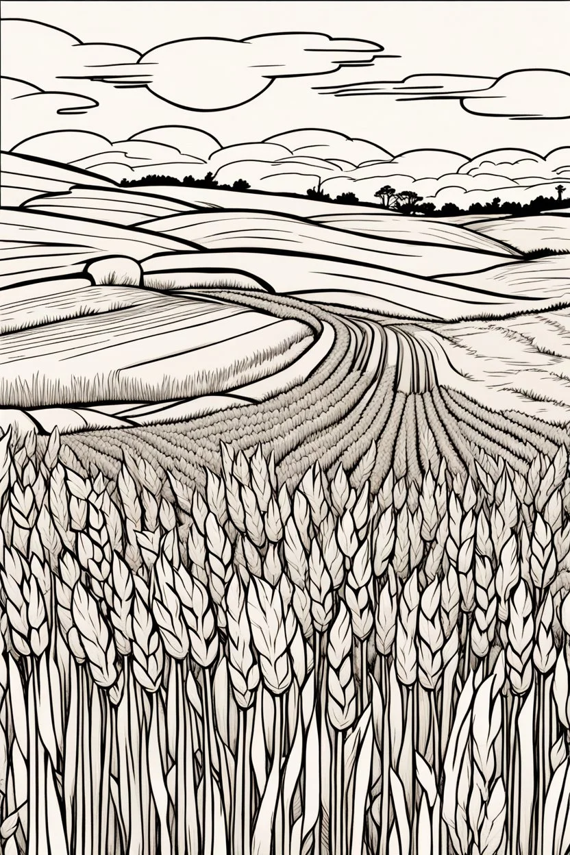 coloring page, field of wheat, cartoon style, thick lines, low detail, no shading