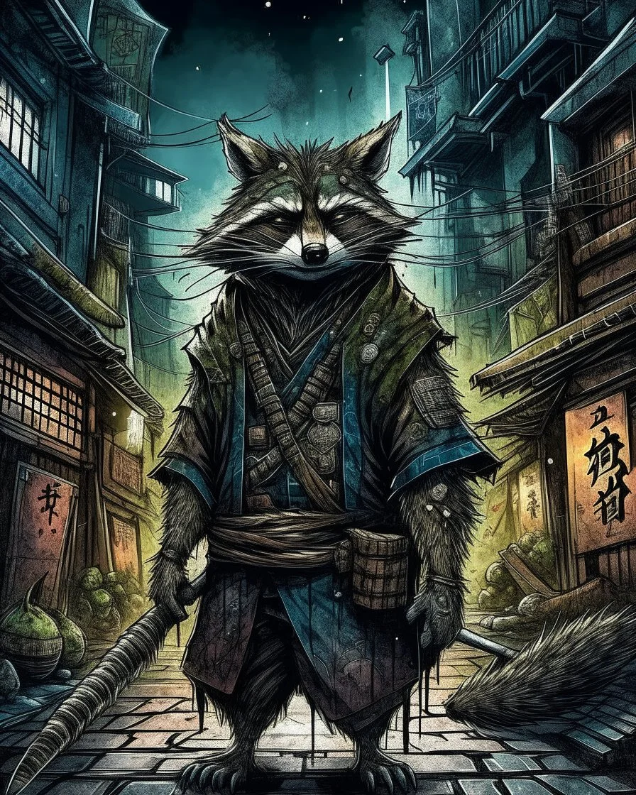 highly detailed concept illustration of an alternate reality ancient China samurai racoon wanderer in dark street, maximalist, highest resolution, in the styles of Alex Pardee, Denis Forkas, and Masahiro Ito, boldly inked, 8k, coarse, gritty textures