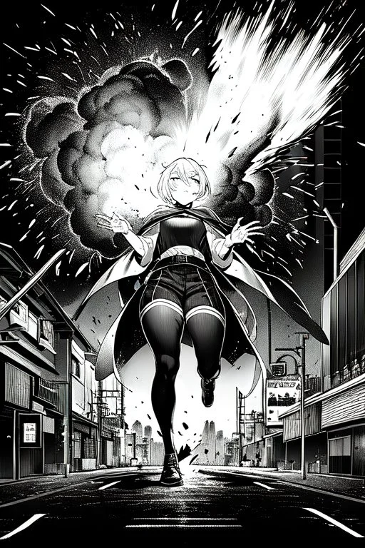 Explosion on the streets of Tokyo, greyscale