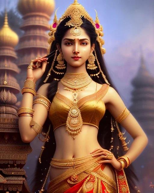 Detailed hot indian goddess, intricate details, full body portrait, keep head in frame, slight, black Japanese motif, concept art, highly detailed, digital painting, concept art, sharp focus, illustration, art by Yoji Shinkawa, WLOP and greg rutkowski and alphonse mucha and artgerm and yanjun Chen and Junji ito and Makoto Shinkai, HDR, octane render