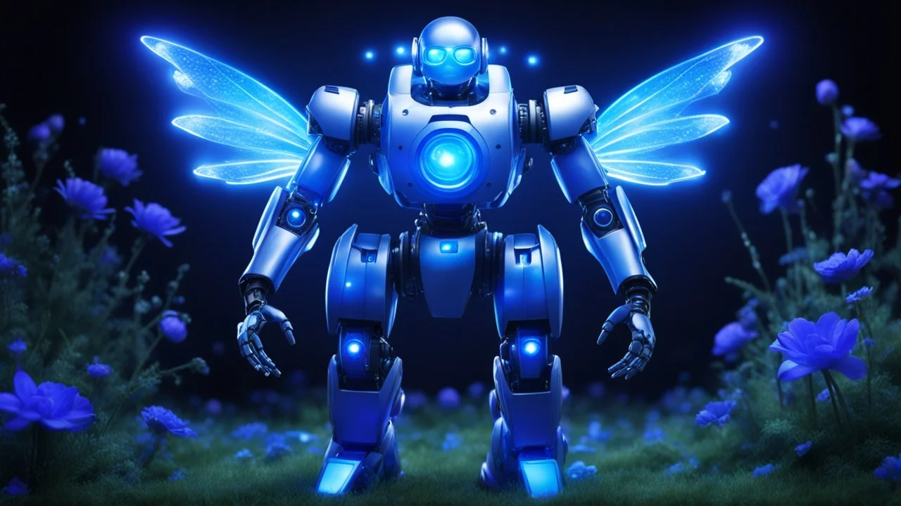 magic brightness soldier robot coloured of dark and bluebeam with a vertical light in the the interior. the bakground is in a fairy dark lawn with blue and black flowers, big dolen and a with lightness night