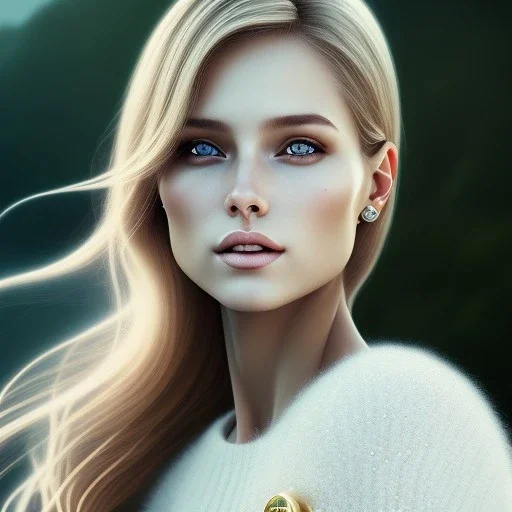 A portrait very beautiful woman ,smiling, longs blond hairs, elegant, atmospheric, realistic, cinematic lighting, 8k, galactic atmosphere, beach, full body