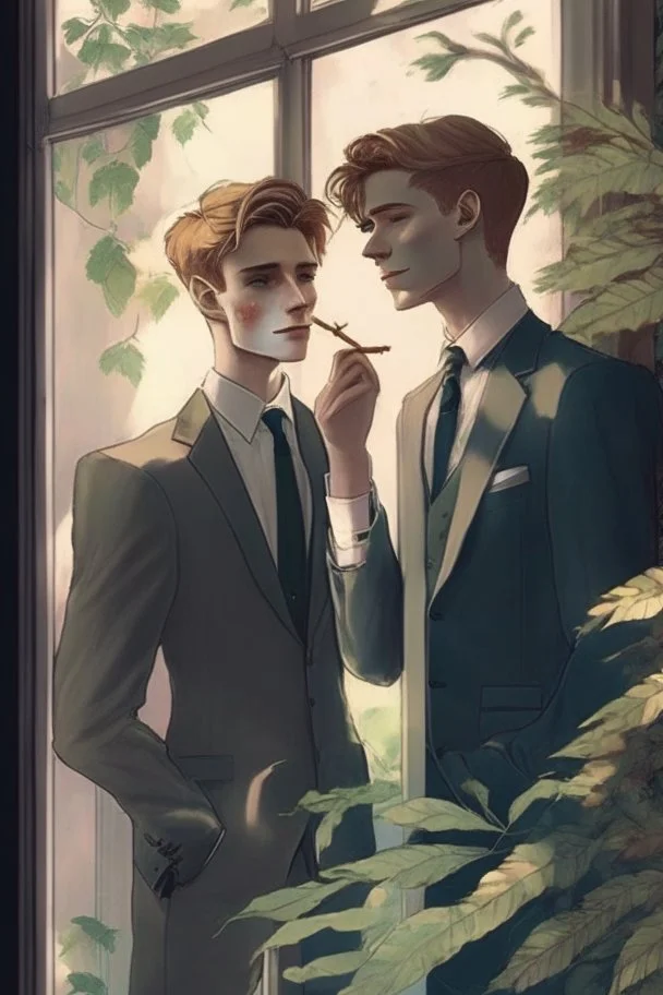 20 Year boy with pretty face he is gay and gentle. smoking behind window while looking outdoor trees. His in a full official suit. his boyfriend beside him. They are happy