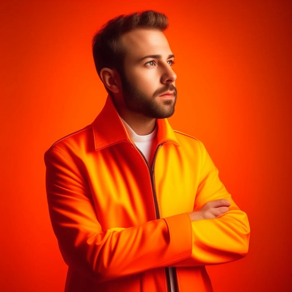 high quality photography 30 year old handsome developer man, stock photo premium, epic view, bright background, low-angle shot, closeup. tennis jacket, orange background. close face.