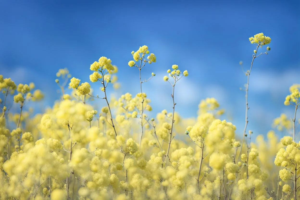 bottom is detailed canola with green stems and branches, top is sky, photography,