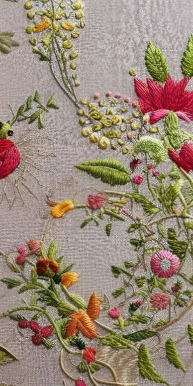 exquisite whimsical garden in embroidery hoop, intricate, highly detailed, linen and wood backdrop