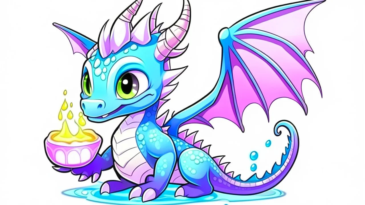 cartoon illustration: a cute ice dragon with big shiny eyes and two purple crystal wings. The dragon is flying.. the dragon is eating a cake