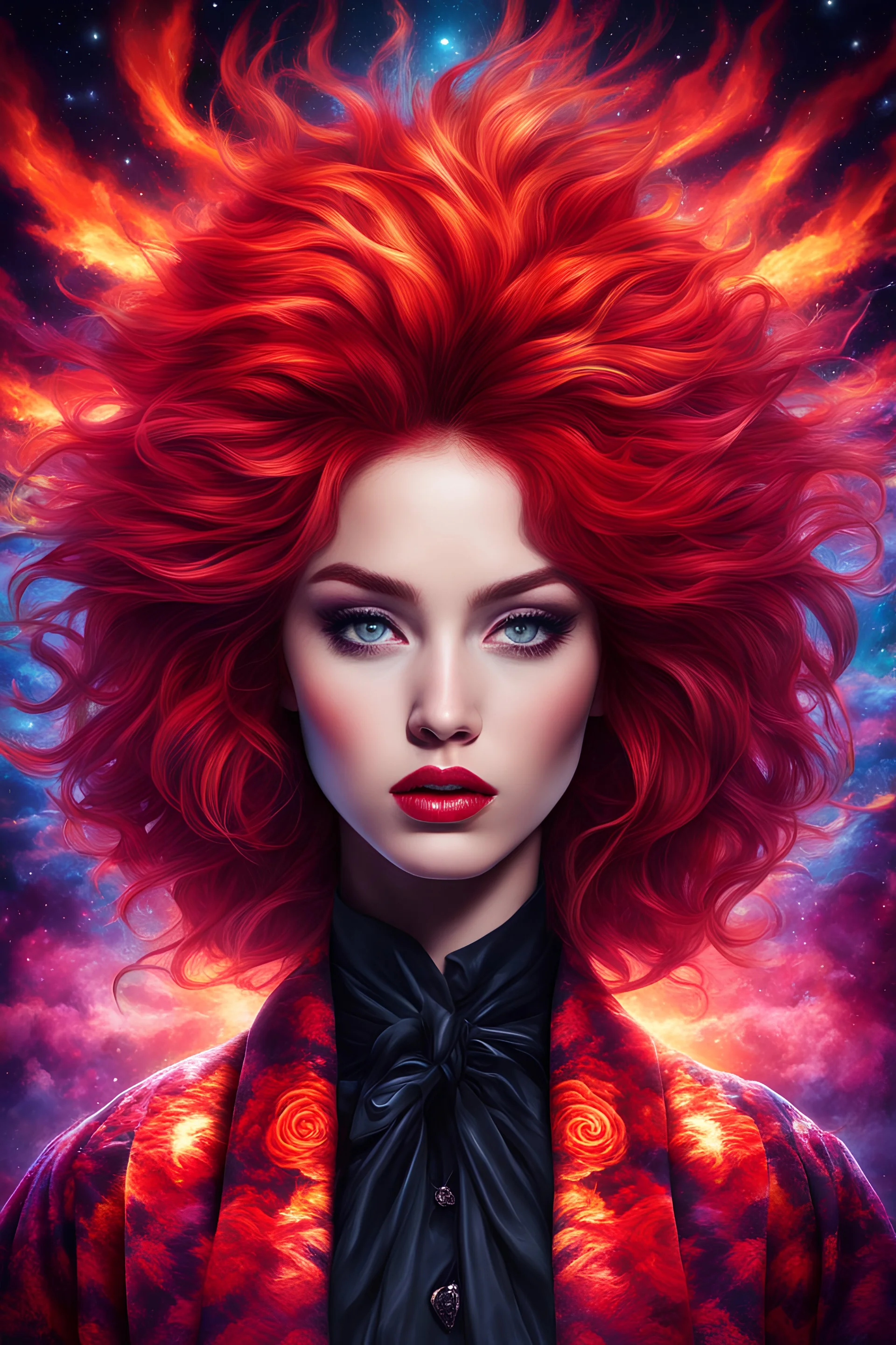 Hypnotic illustration of that crazy chic who won't stop calling, thoughts escaping from her head, large (flaming red poofy hair:1.0), (trippy art:1.9), hypnotic psychedelic, (pop surrealism:1.9), dark glow tie dye paint, mystical, starlight, front view, (frontview:1.3), hypnotic swirling background, outfit adorned with mesmerizing geometry patterns, burton moon (tim burton style:1.3)