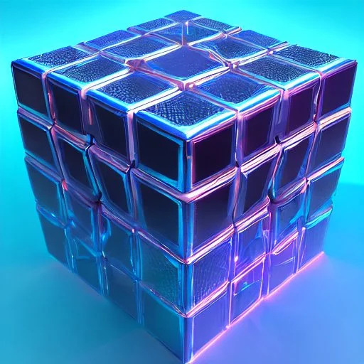 a blue metallic 4d cube inside a 4d orange rotating cube in a 4 dimension environment